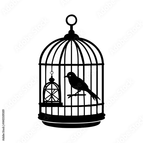 Black silhouette illustration of a bird inside an ornate birdcage design