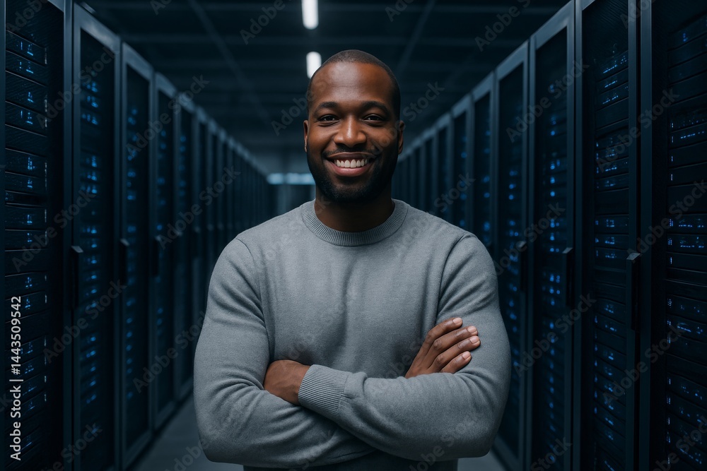 Expert Technician Smiling Confidently While Working in a Modern Data Center Facility