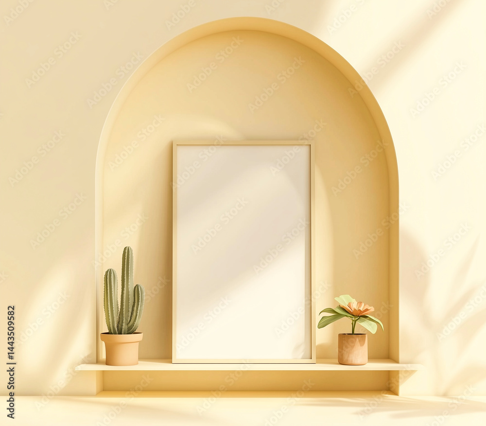 Minimalist arched niche with a black vase holding dried flowers and a framed blank canvas leaning against the wall.