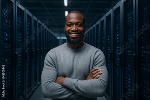 Obraz na płótnie Expert Technician Smiling Confidently While Working in a Modern Data Center Facility w salonie