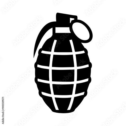 Black and white graphic illustration of a hand grenade symbol