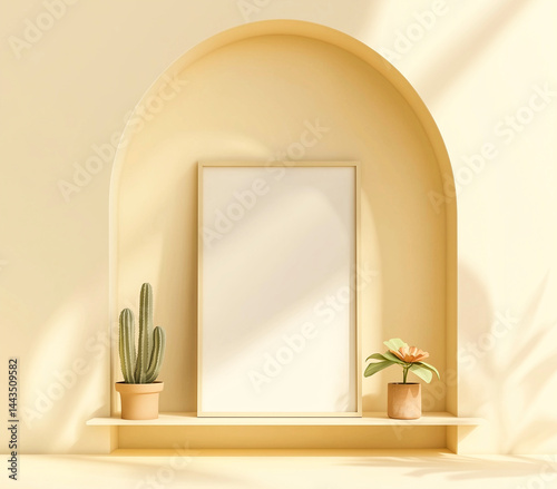 Obraz na płótnie Minimalist arched niche with a black vase holding dried flowers and a framed blank canvas leaning against the wall. w salonie