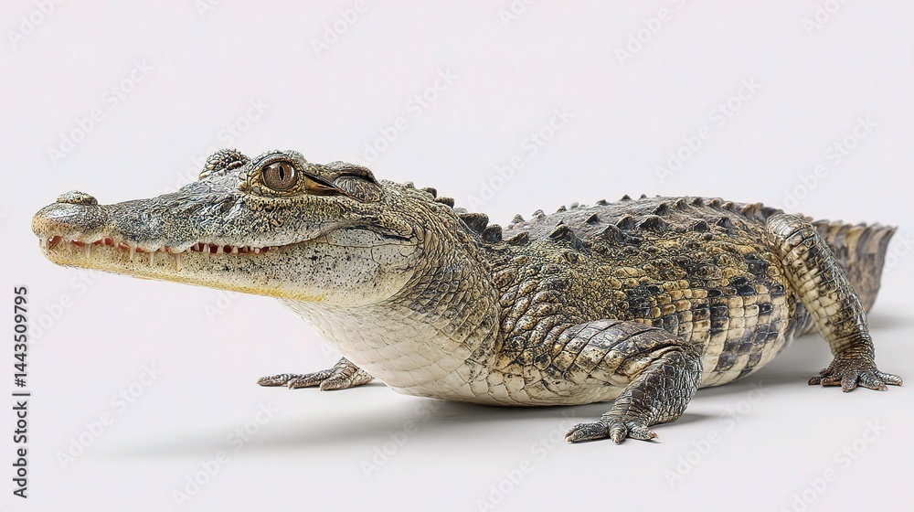 Naklejka premium Detailed Close-Up of a Crocodile on a Soft White Background