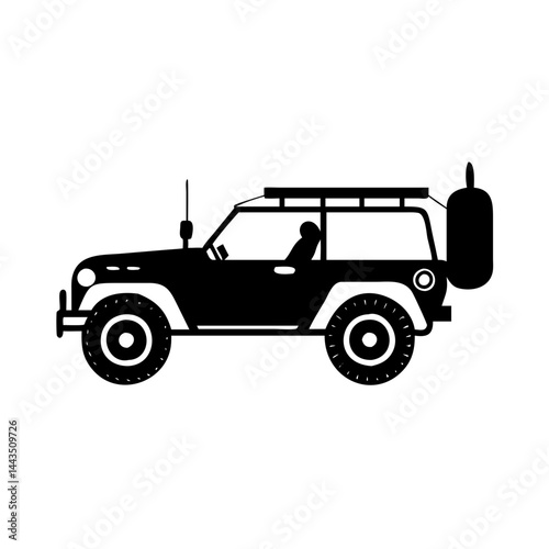 Black and white illustration of a four wheel drive offroad vehicle