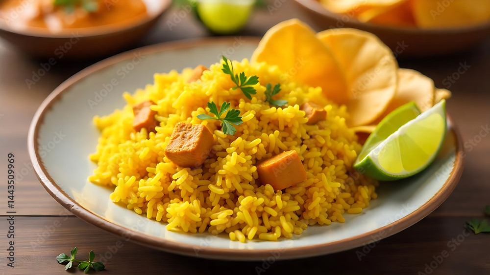 Indian Chicken Pulao with Vibrant Rice and Lime Wedge Indian Chicken Pulao with Vibrant Rice and Lime Wedge