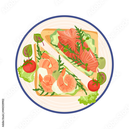 Two open-faced sandwich with salmon slices and shrimp on plate. Top view of vegan breakfast seafood toast with smoked red fish. Flat vector illustration of healthy snack isolated on white background