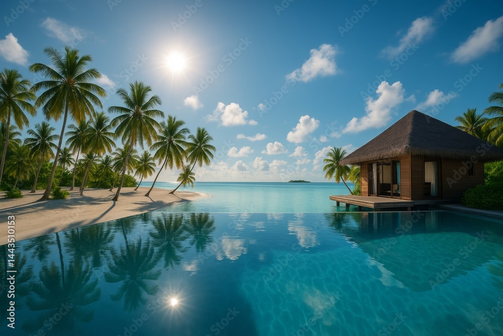Bright Sunny Day at Tropical Island Resort Featuring Palm Trees and Infinity Pool