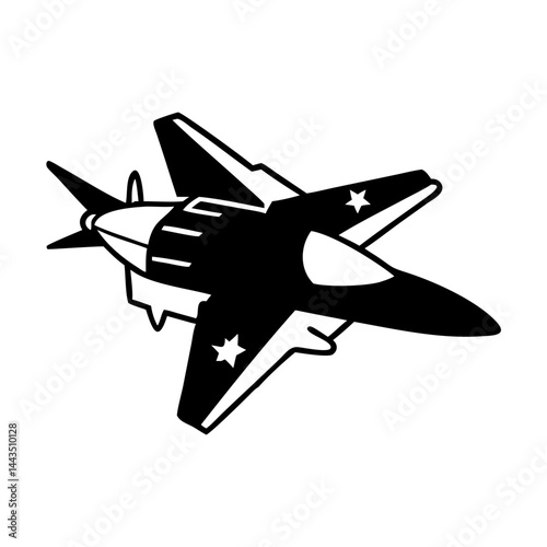 Stylized Jet Airplane Silhouette with Stars and Stripes Decor in Black and White