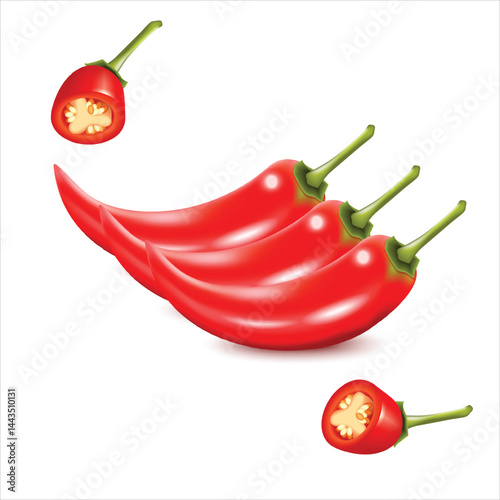 Realistic illustration of fresh red chili isolated on white background