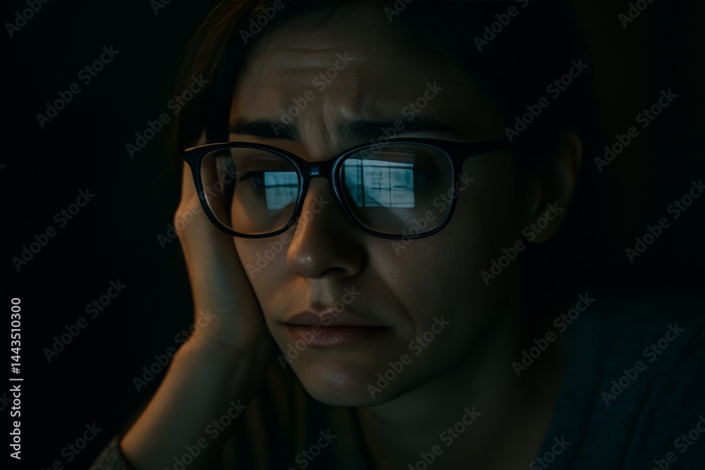 Contemplative Woman With Glasses Reflecting Light in a Dimly Lit Room at Night