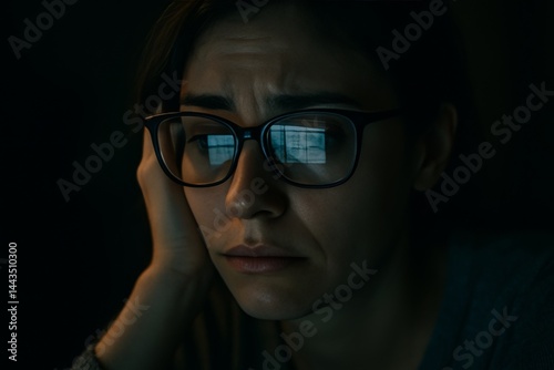 Obraz na płótnie Contemplative Woman With Glasses Reflecting Light in a Dimly Lit Room at Night w salonie