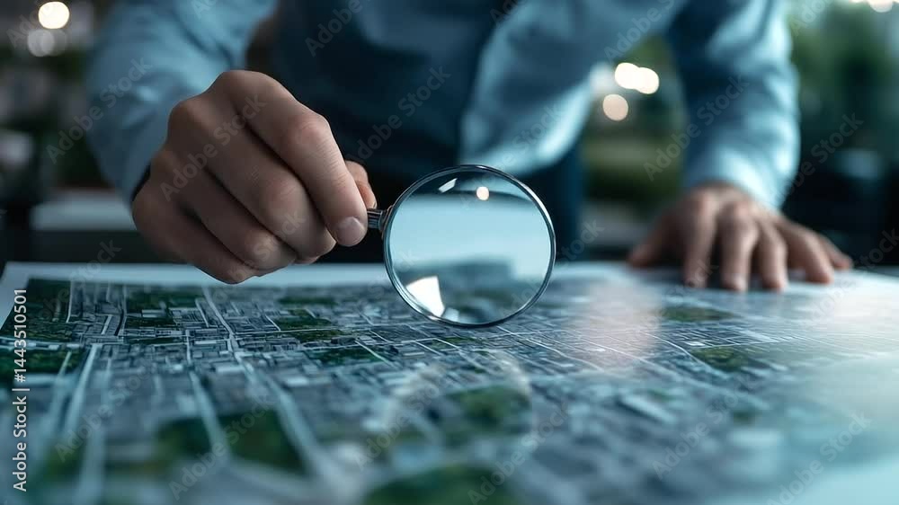 Close-up of urban planner with magnifying glass inspecting a detailed map. Looking for prime land for residential construction, using a map dotted with zoning information and poten
