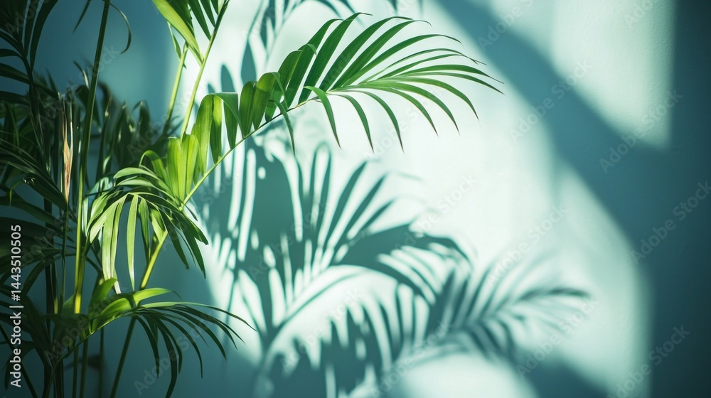 Fototapeta premium A large leafy plant casts a shadow on a wall
