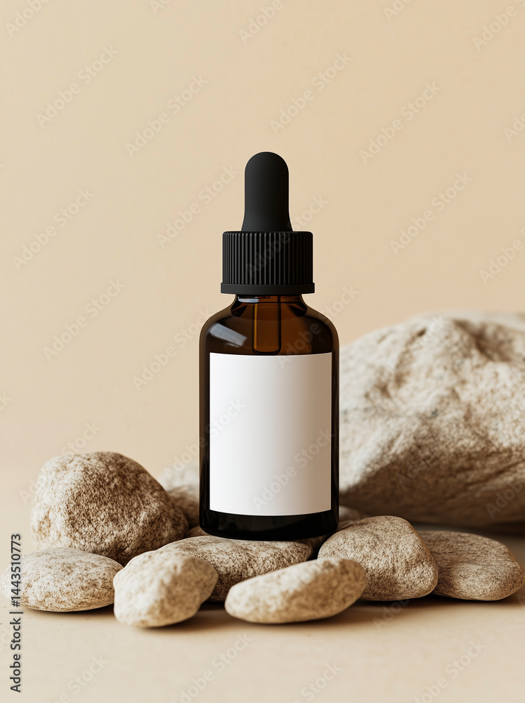 Amber dropper bottle with blank label standing on smooth natural stones.