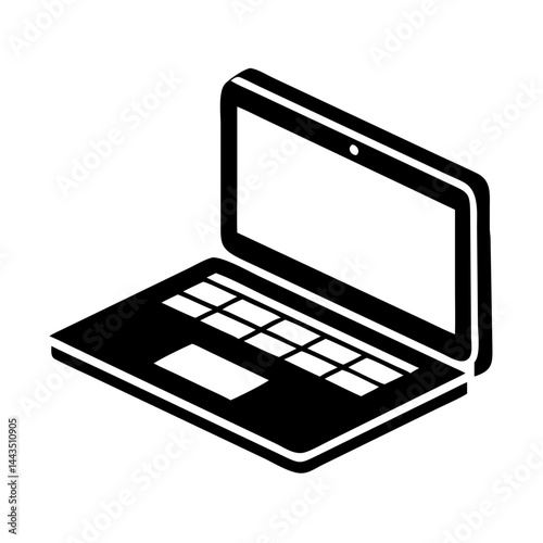 Isometric black and white illustration of an open laptop computer device