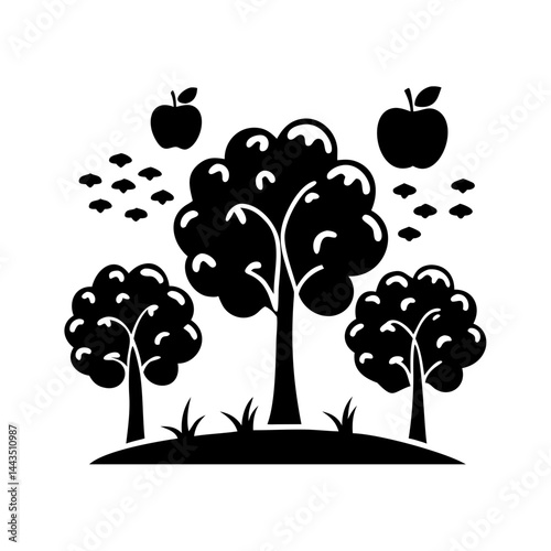 Silhouette orchard with mature trees and apples growing around in the garden