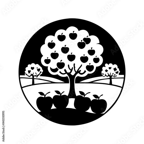 Black and white apple orchard with fruit trees full of apples