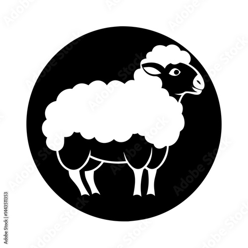 Monochrome illustration of a sheep inside a circle, presented in black and white