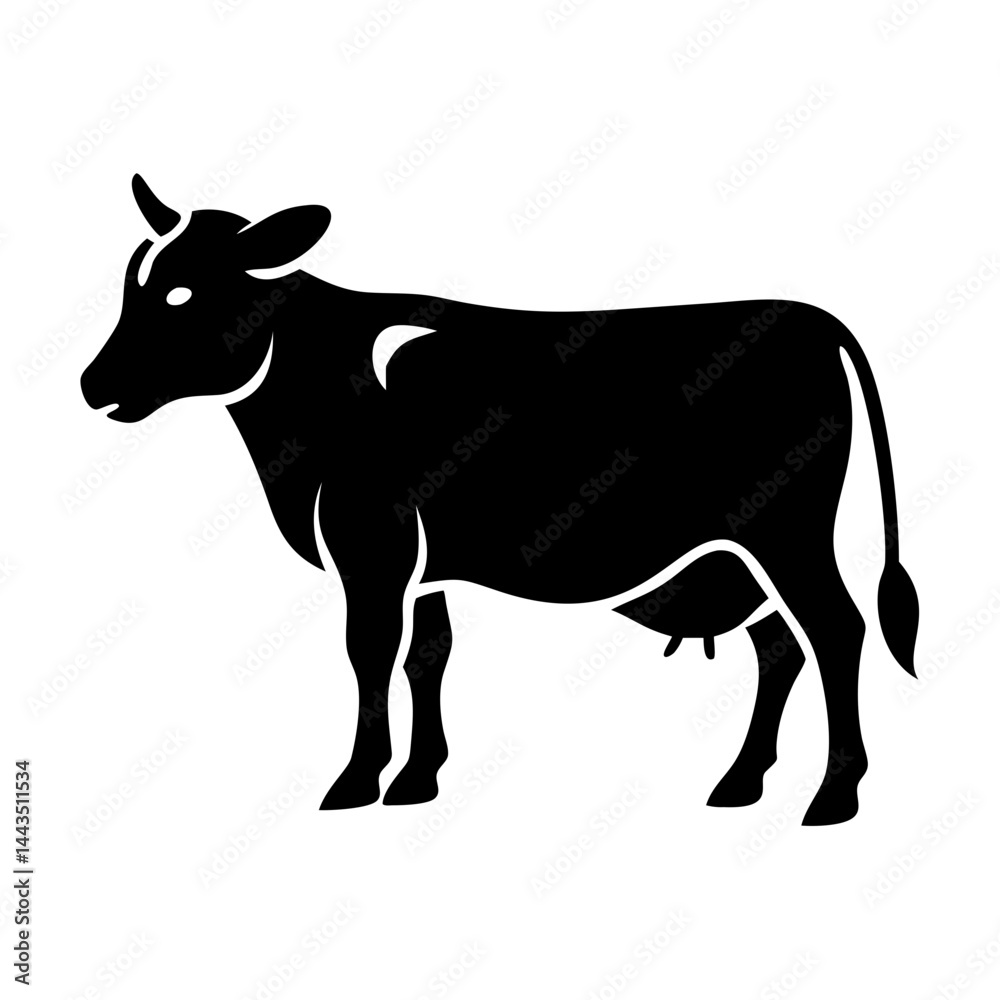 Simple and striking black silhouette of a cow on a white background Simple and striking black silhouette of a cow on a white background