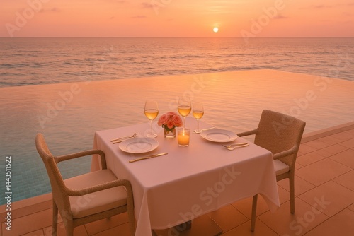 Obraz na płótnie Romantic Sunset Dining at a Seaside Restaurant With Ocean Views w salonie