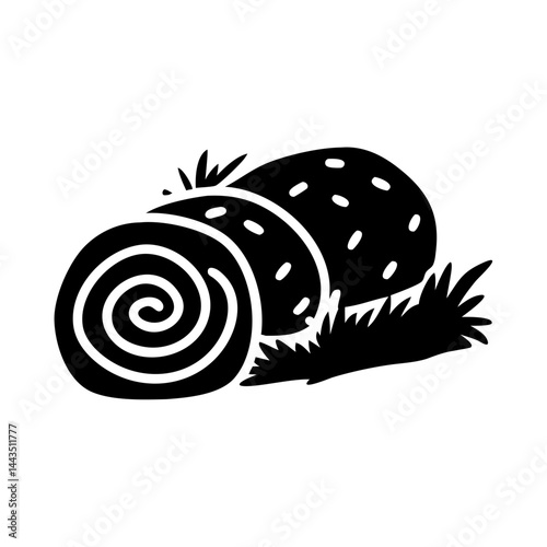 Stylized illustration of black hay bales with some grass underneath them