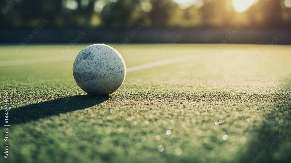 A close-up of a white volleyball resting on a sunlit green court, casting a long shadow. A close-up of a white volleyball resting on a sunlit green court, casting a long shadow.