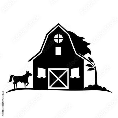 A classic black and white barn image featuring a horse and tree