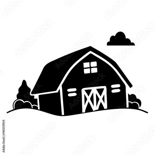 A stylized black and white barn scene on a farm landscape