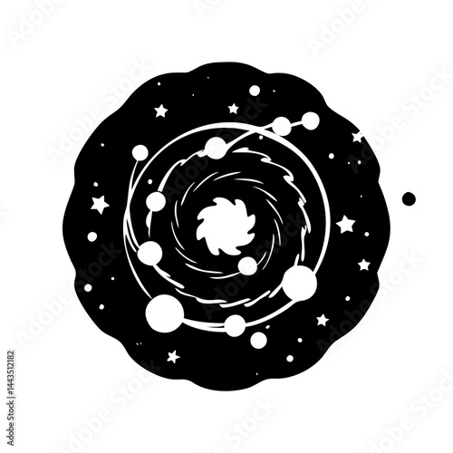 Stylized Black and White Galaxy Illustration with Planets and Stars Design