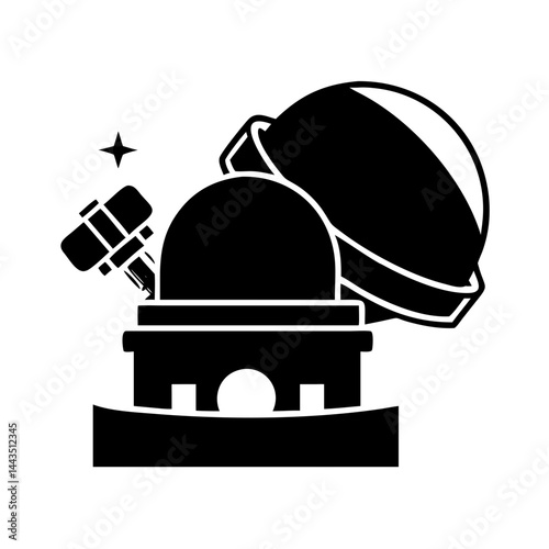 Silhouette of an astronomical observatory, with telescope and celestial star nearby