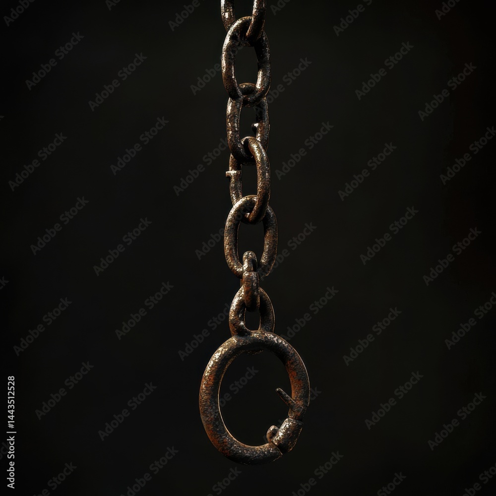 Obraz premium A close-up of an old, rusted chain featuring a circular link, suspended against a dark background.