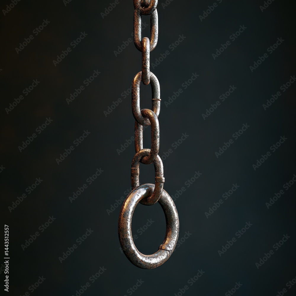 Obraz premium Close-up of an old, rusted metal chain hanging against a dark background, showcasing its textures and imperfections.