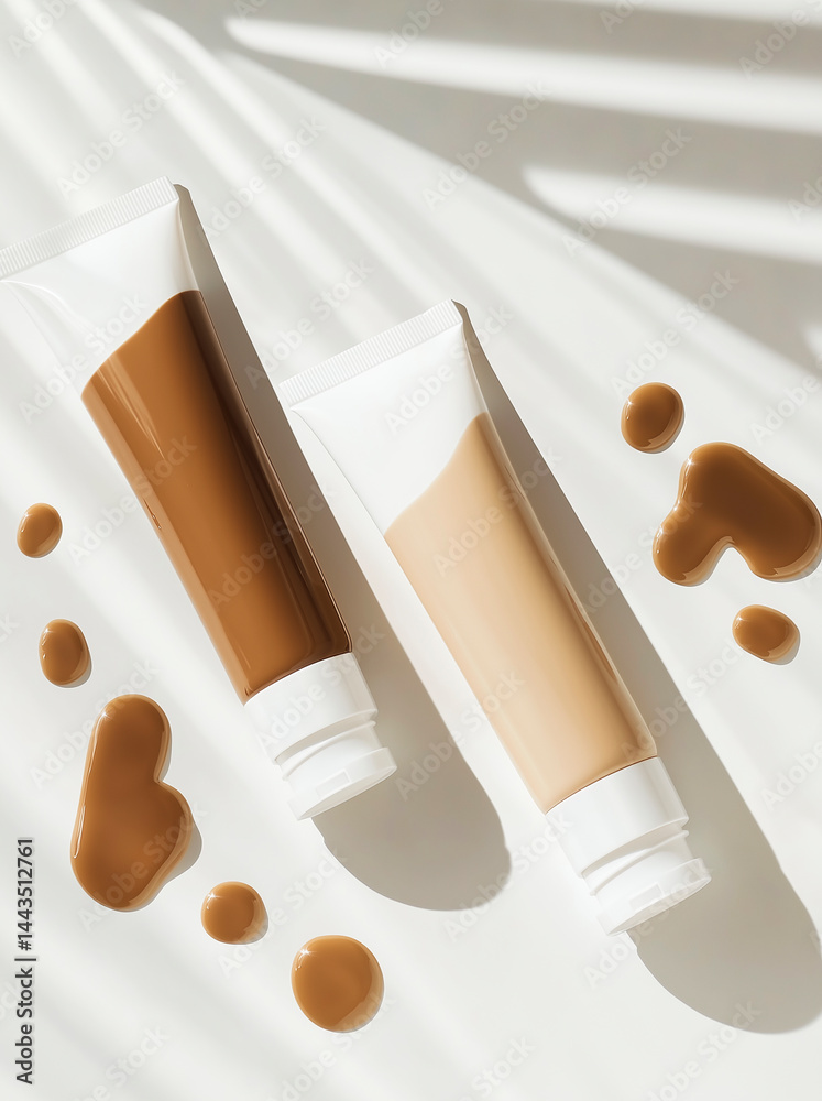 Two cosmetic tubes in beige and white with product smears around them.