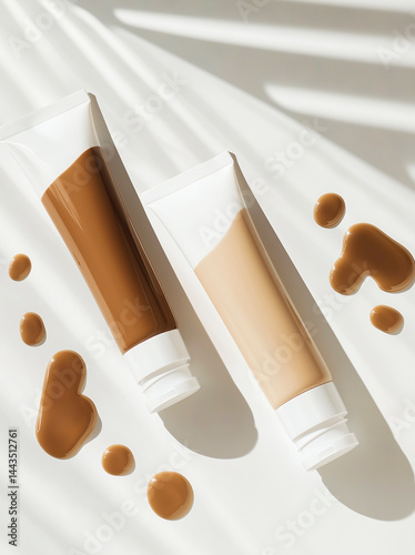 Obraz na płótnie Two cosmetic tubes in beige and white with product smears around them. w salonie