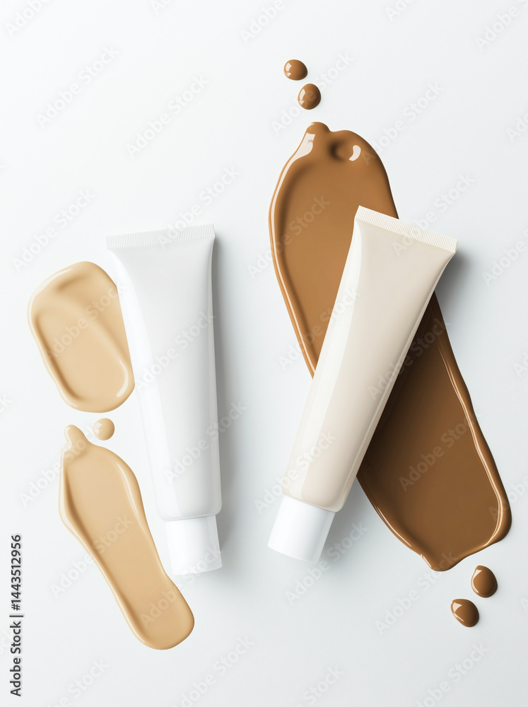 Two cosmetic tubes in beige and white with product smears around them.