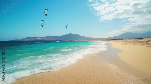 A breathtaking beach scene with kitesurfers gliding over turquoise waters under a bright blue sky.