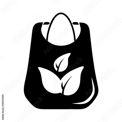 Black and white icon of a reusable grocery bag with leaves