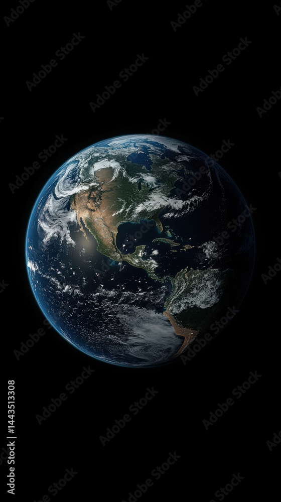 A stunning view of Earth from space, showcasing blue oceans and white clouds against a black backdrop. A stunning view of Earth from space, showcasing blue oceans and white clouds against a black backdrop.