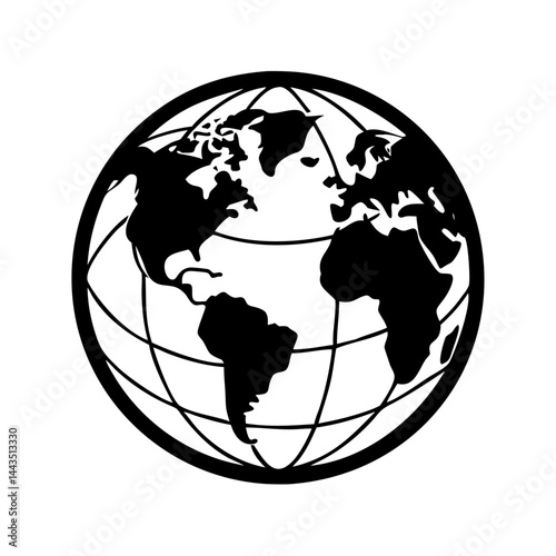 Black and white illustration of world globe displaying continents and gridlines