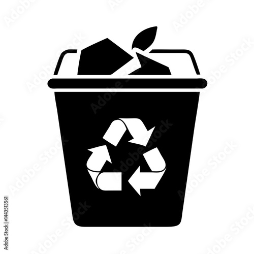 Black and white recycle bin filled to the brim with waste materials