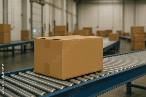 Cardboard Box on Conveyor Belt in Warehouse During Sorted Packaging Process