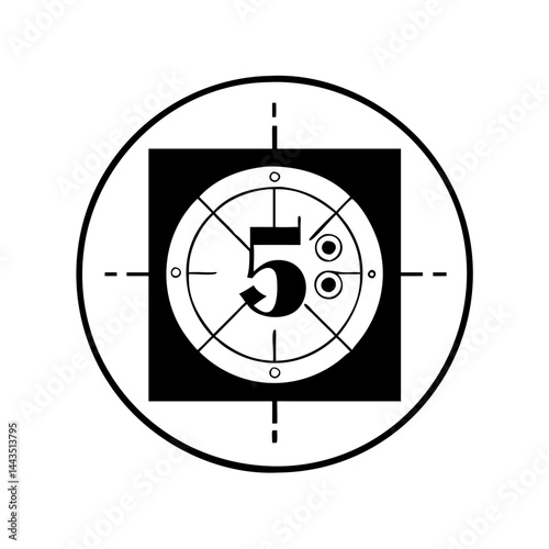 Countdown to impact number five in a circular movie frame motif