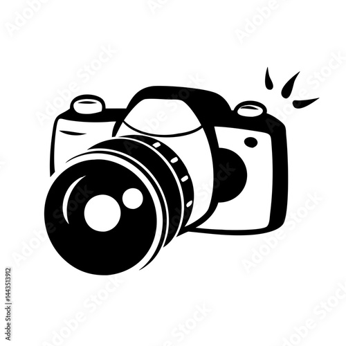 A stylized black and white camera icon in a flat design