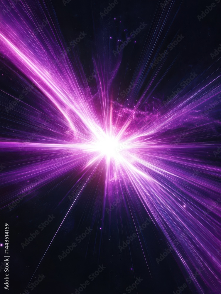 Fototapeta premium Abstract background with a bright star exploding and generating purple light streaks on black background. High quality photo