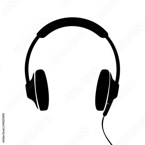 Isolated black silhouette of wired headphones over white for audio experience