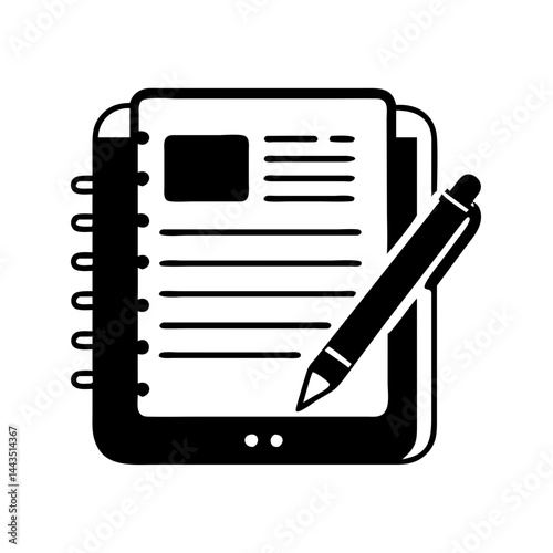 Black and white illustration of a notepad, tablet, and pen writing