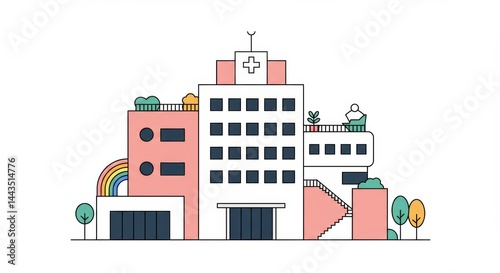 Stylized minimalist graphic art of a children�s hospital with playful architecture