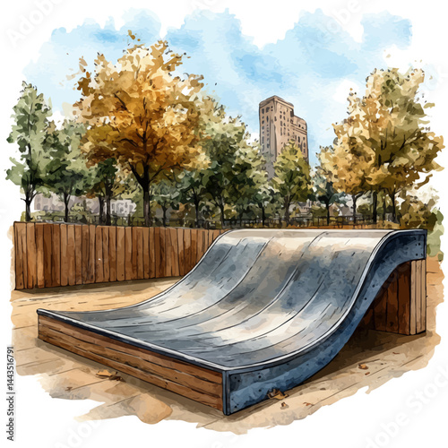 Skateboard Ramp In A Skatepark, watercolor vector, isolated on a white background.