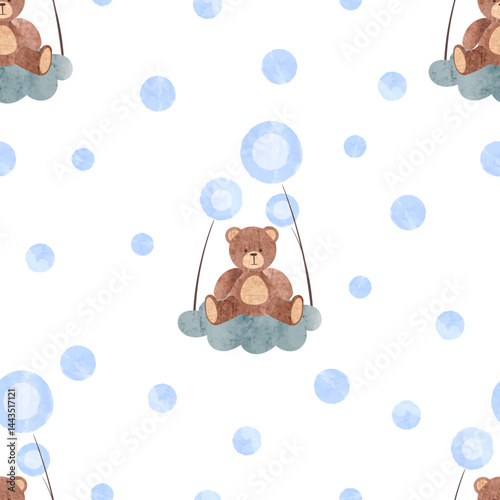 Cute teddy bears on clouds. Vector seamless pattern for kids. Baby shower print