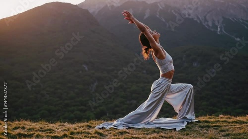 Woman practicing yoga in scenic mountain landscape